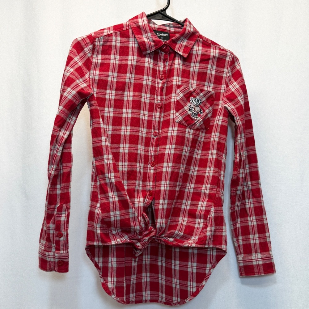 Wisconsin Badgers Button Down Shirt Juniors XS Red White Plaid Tie Front Flannel